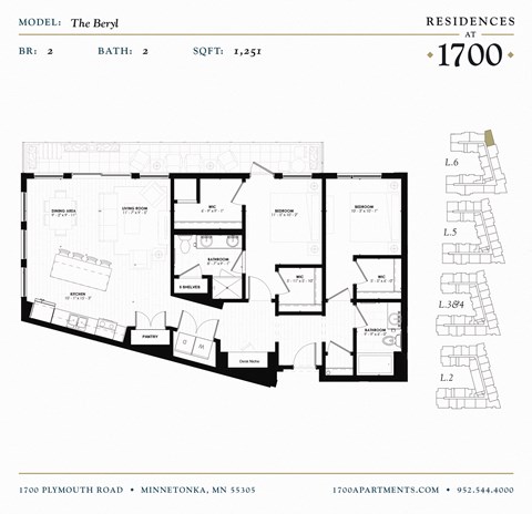 Floor plan for 2 beds, 2 baths, 1251 sqft